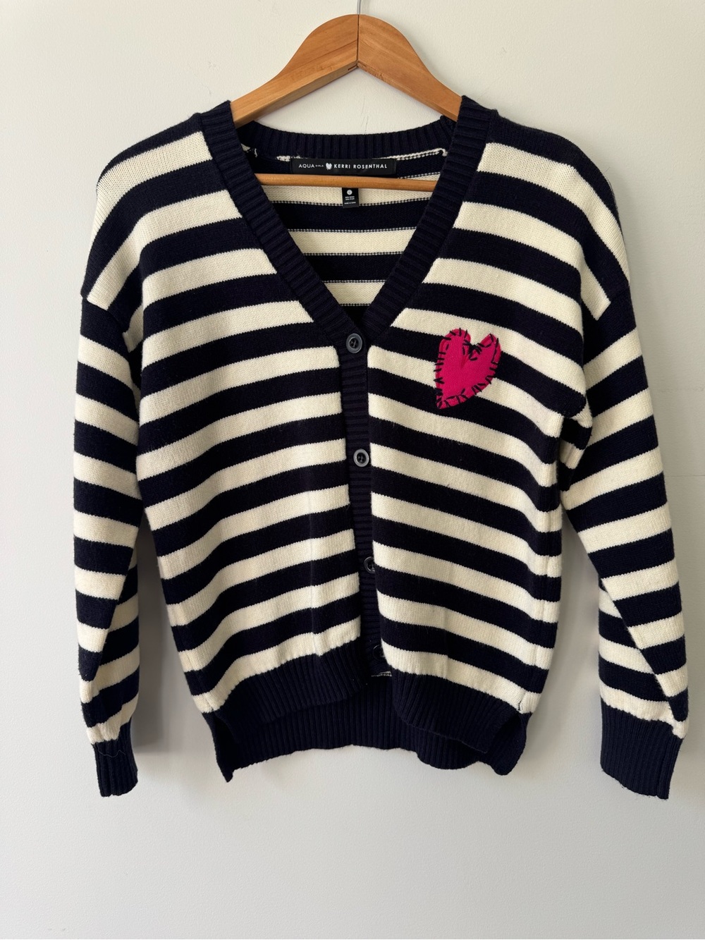 Aqua Navy and White Striped V-Neck Cardigan with Pink Heart